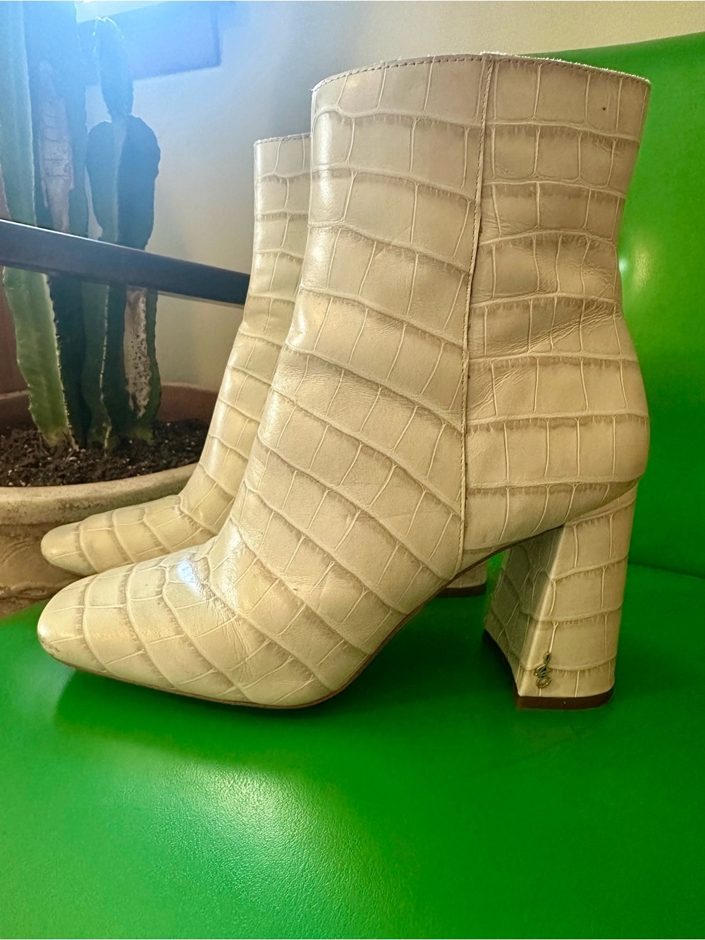 Sam Edelman Cream Croc-Embossed Block Heel Ankle Boots